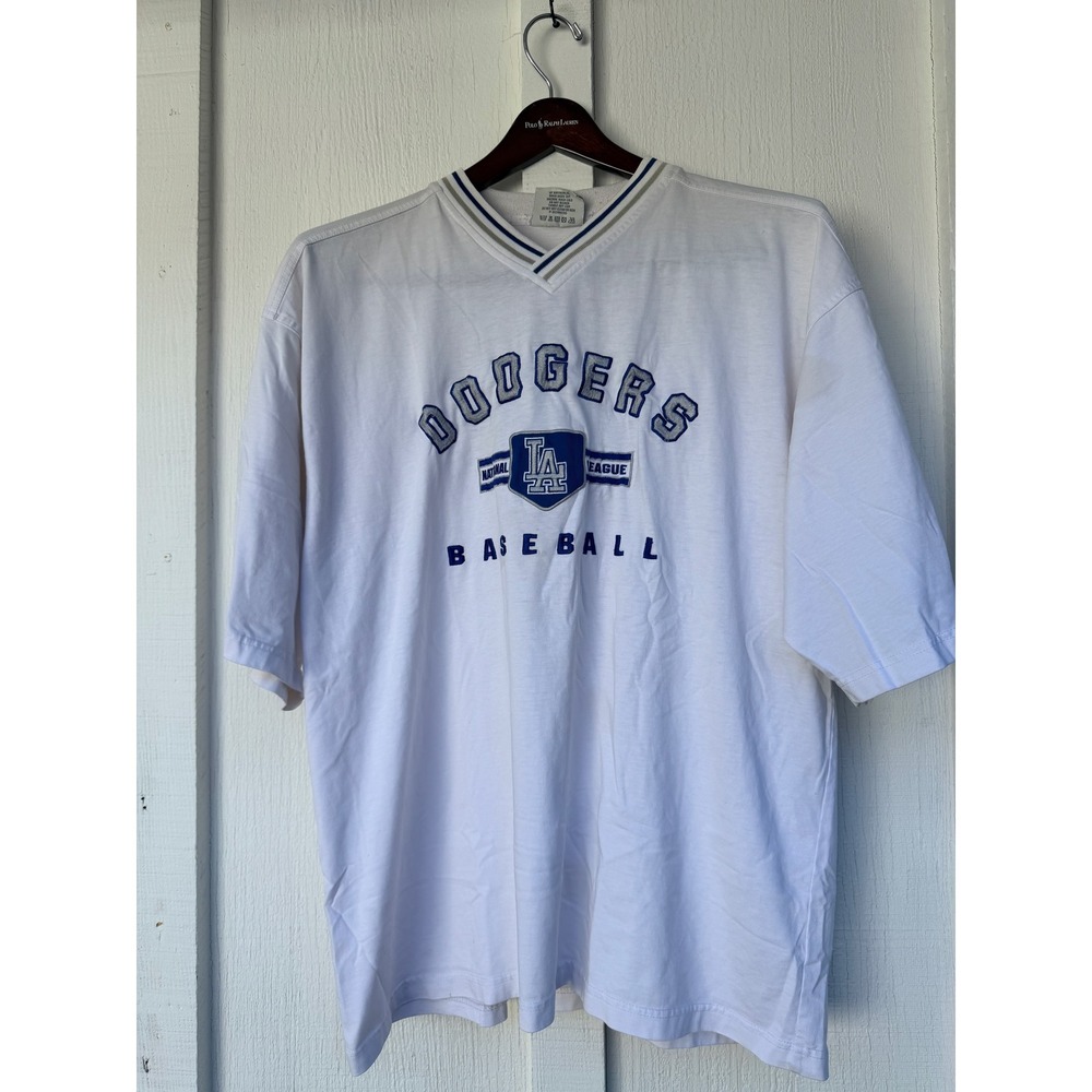 Vintage Lee Sport LA Dodgers Baseball T-Shirt White V-Neck XL MLB Embroidered